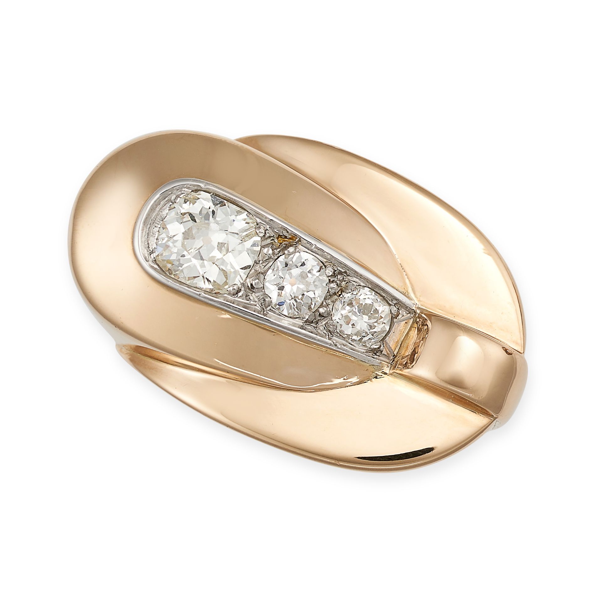 A RETRO FRENCH DIAMOND DRESS RING in 18ct yellow gold and platinum, the stylised head set with a row