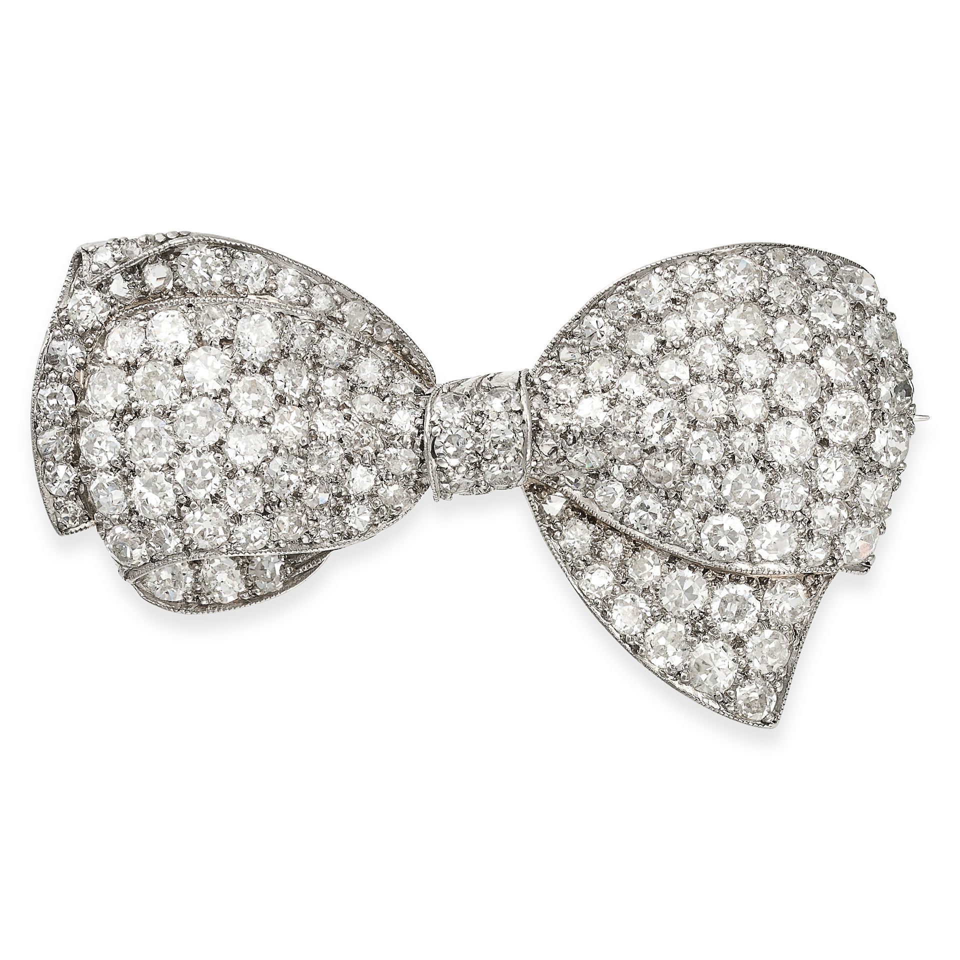 A VINTAGE DIAMOND BOW BROOCH in platinum, designed as a ribbon tied into a bow, set with old cut,
