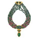EILEEN COYNE, AN EMERALD AND RUBY PENDANT NECKLACE in 22ct yellow gold, comprising five rows of