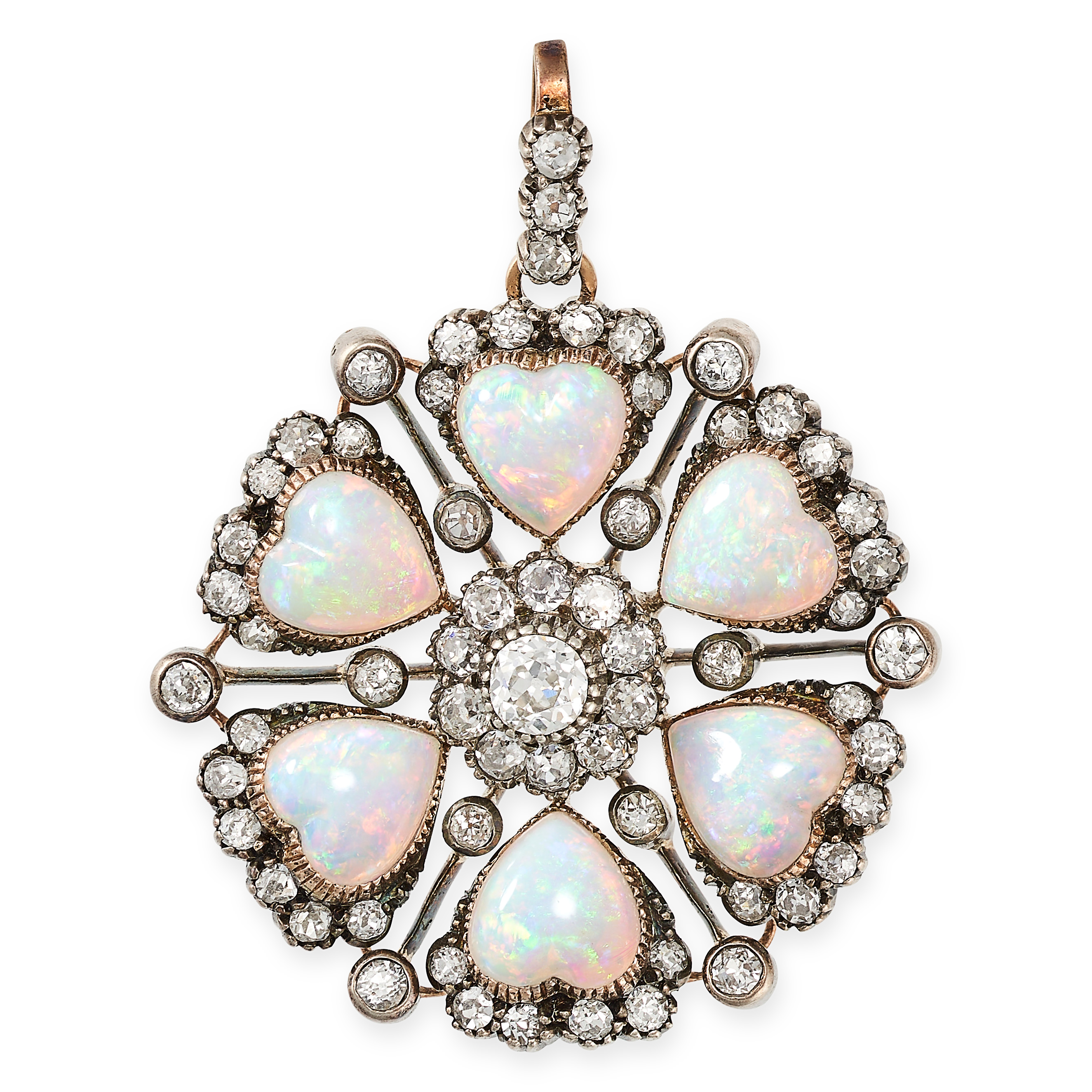 AN ANTIQUE VICTORIAN OPAL AND DIAMOND PENDANT, 19TH CENTURY in yellow gold and silver, set with a