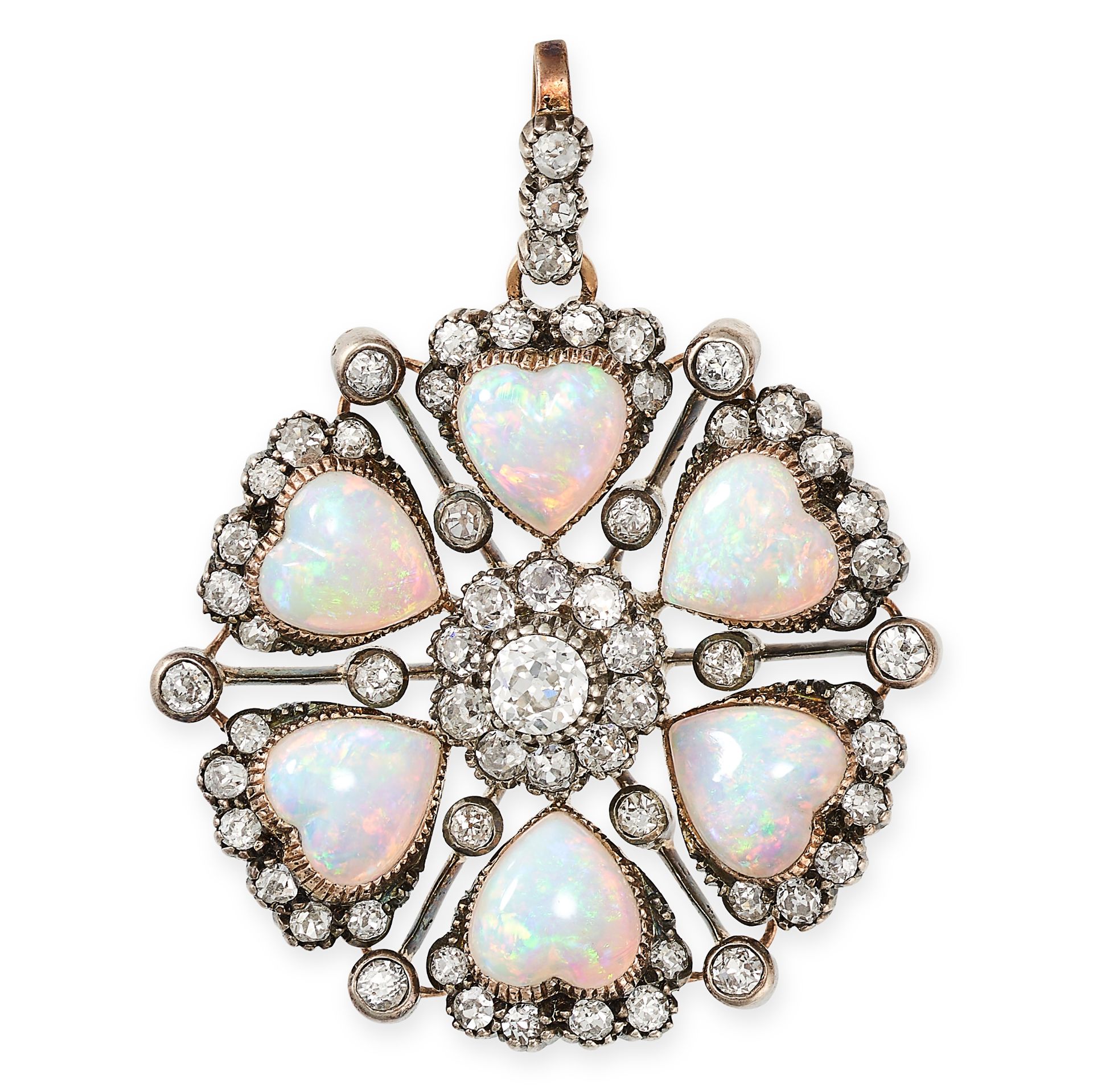 AN ANTIQUE VICTORIAN OPAL AND DIAMOND PENDANT, 19TH CENTURY in yellow gold and silver, set with a