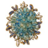FRED, A VINTAGE AQUAMARINE, SAPPHIRE AND DIAMOND BROOCH in 18ct yellow gold, set with briolette