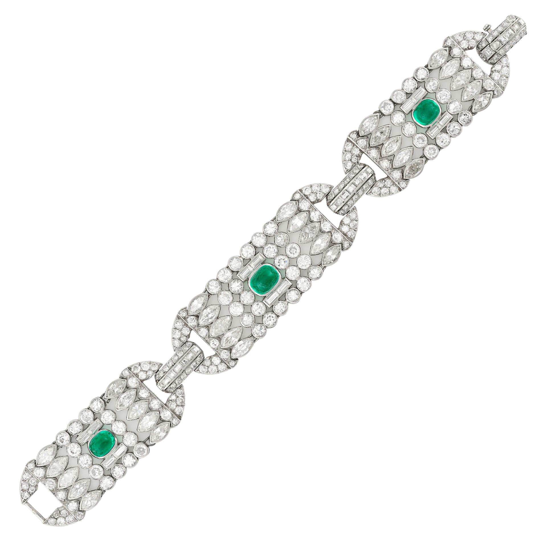 CARTIER, AN EXQUISITE ART DECO EMERALD AND DIAMOND BRACELET in platinum, comprising three