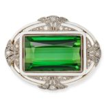 A GREEN TOURMALINE, DIAMOND AND ENAMEL BROOCH, EARLY 20TH CENTURY in yellow gold, set with a