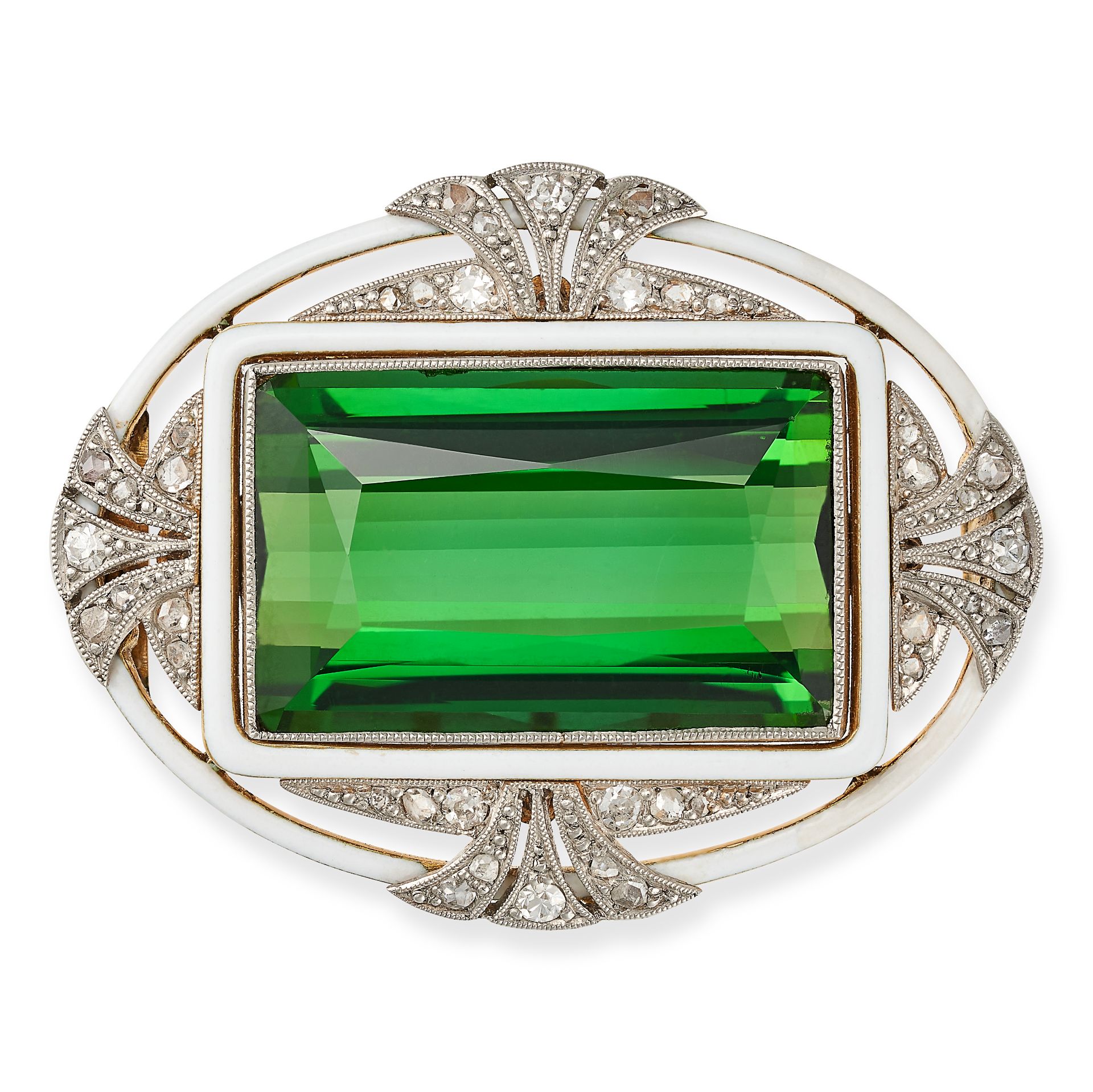 A GREEN TOURMALINE, DIAMOND AND ENAMEL BROOCH, EARLY 20TH CENTURY in yellow gold, set with a