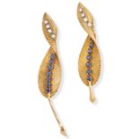 VAN CLEEF & ARPELS, A PAIR OF FRENCH SAPPHIRE AND DIAMOND LEAF BROOCHES in 18ct yellow gold, each