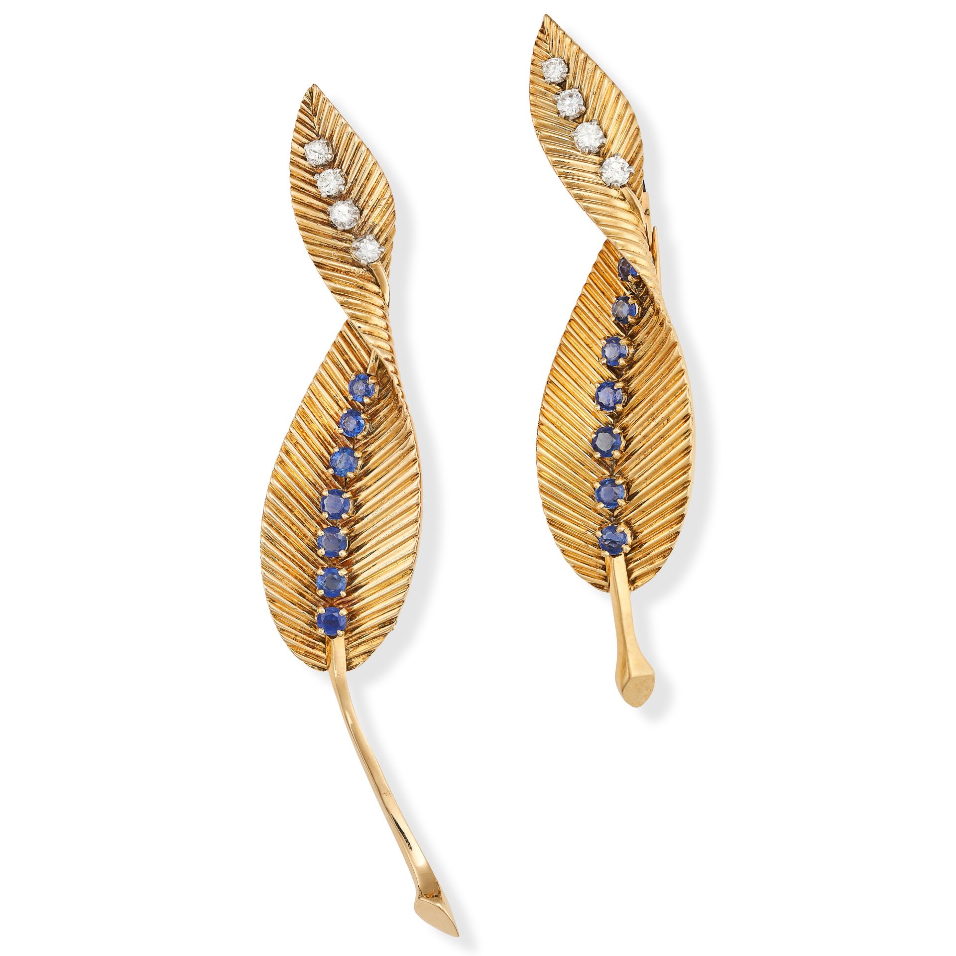 VAN CLEEF & ARPELS, A PAIR OF FRENCH SAPPHIRE AND DIAMOND LEAF BROOCHES in 18ct yellow gold, each