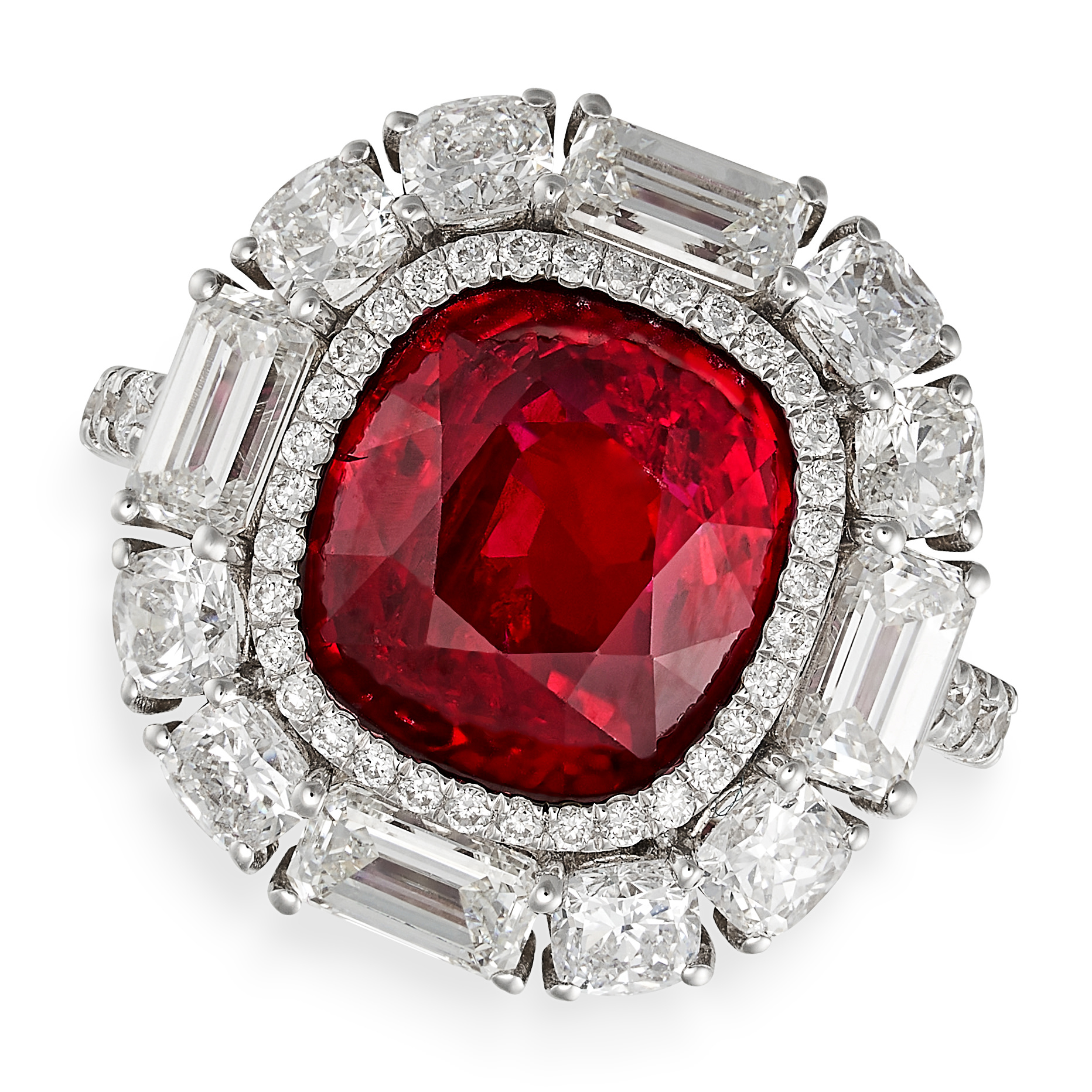 AN IMPORTANT PIGEON'S BLOOD BURMA NO HEAT RUBY AND DIAMOND RING in white gold, set with a cushion