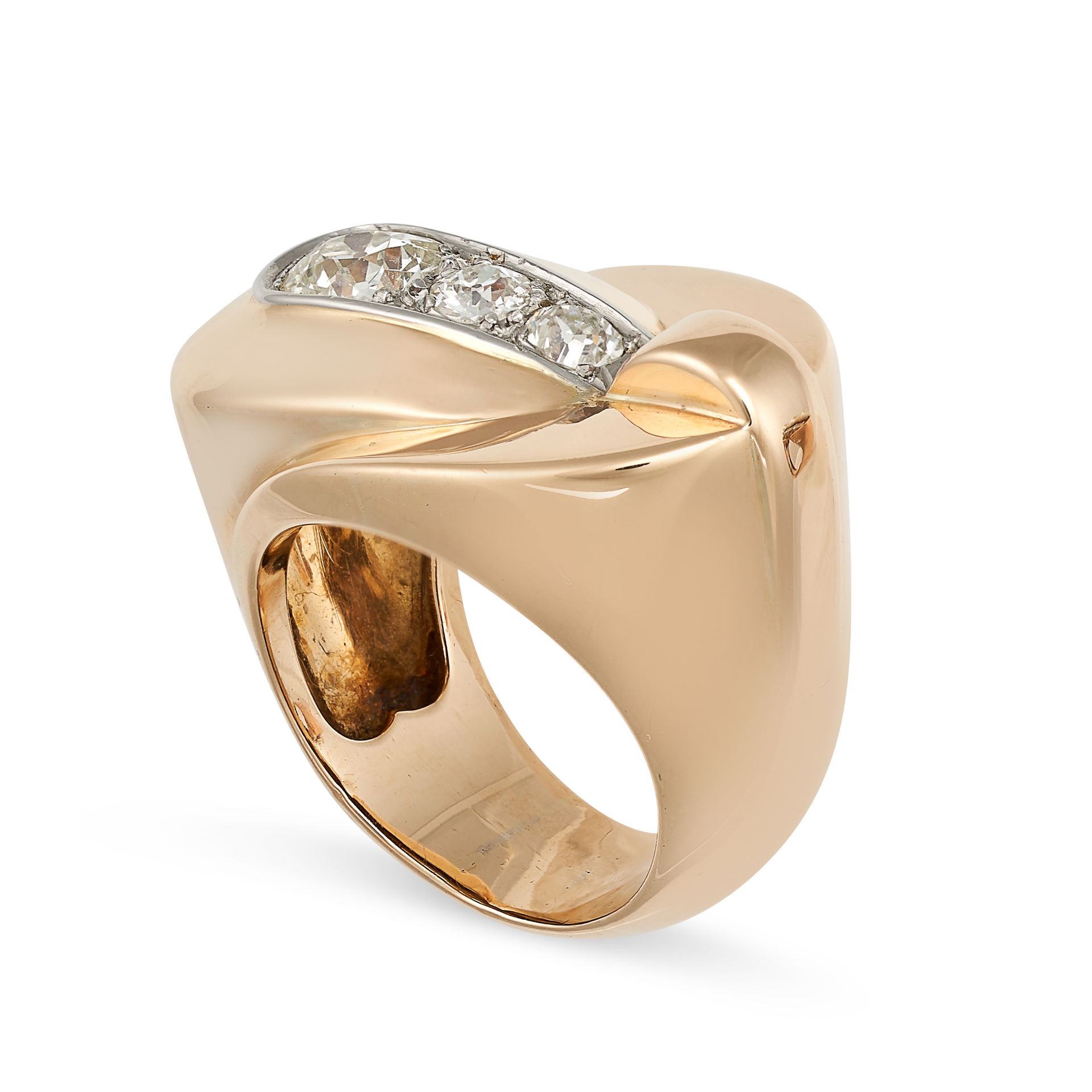 A RETRO FRENCH DIAMOND DRESS RING in 18ct yellow gold and platinum, the stylised head set with a row - Image 2 of 2