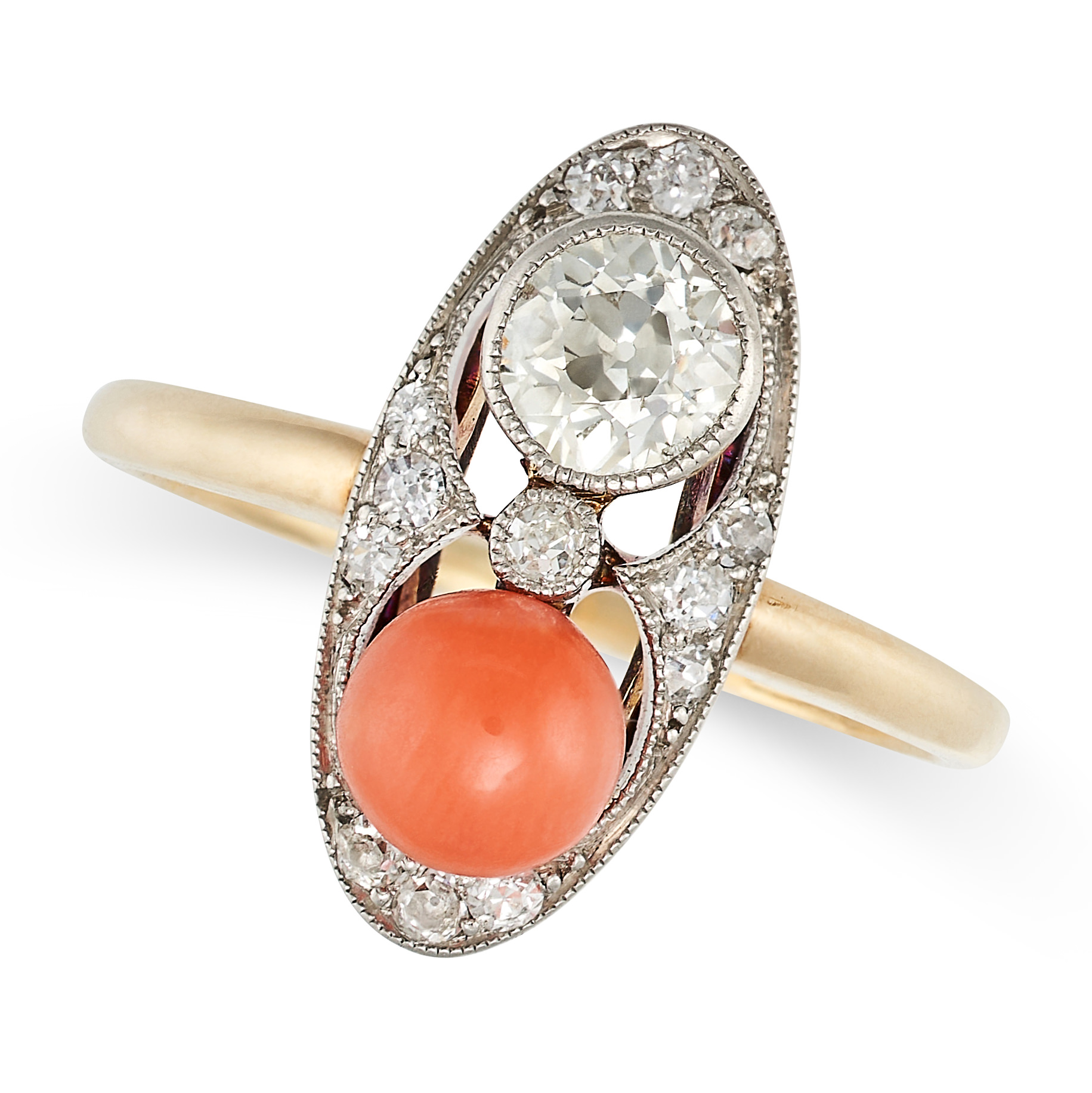 AN ANTIQUE CORAL AND DIAMOND RING, EARLY 20TH CENTURY in 14ct yellow gold, the oval face set with