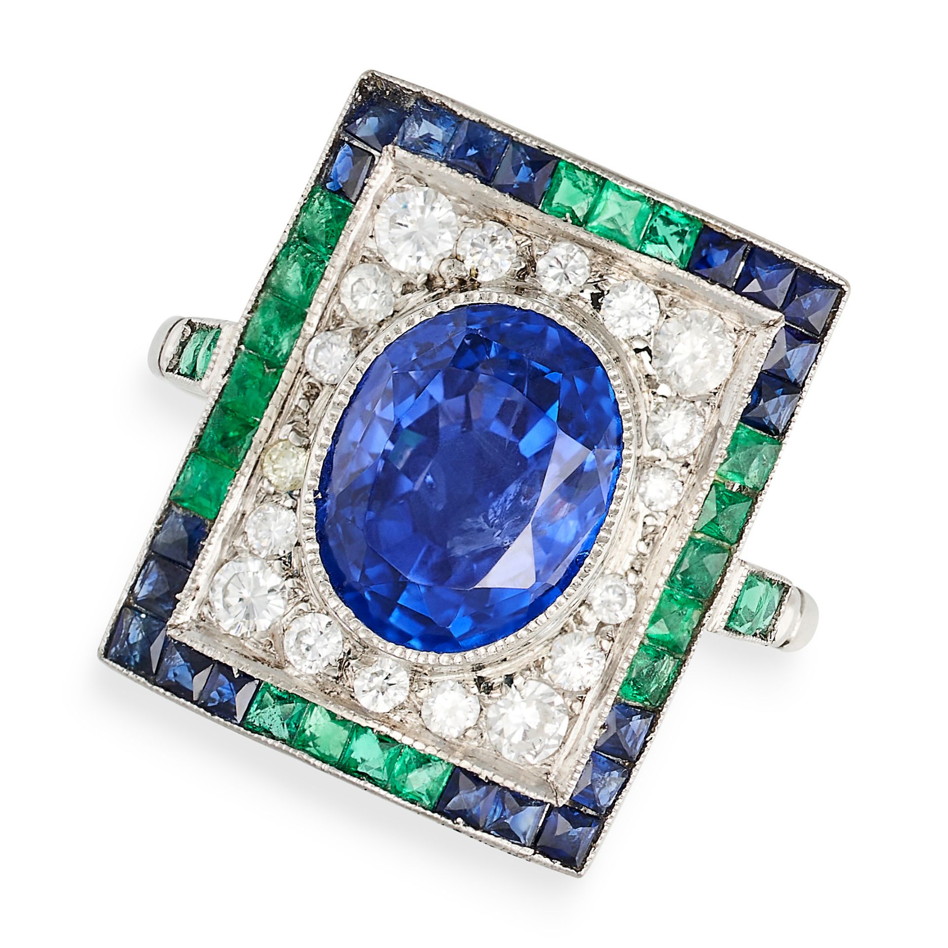 A CEYLON NO HEAT SAPPHIRE, DIAMOND AND EMERALD RING set with an oval cut sapphire of 5.05 carats