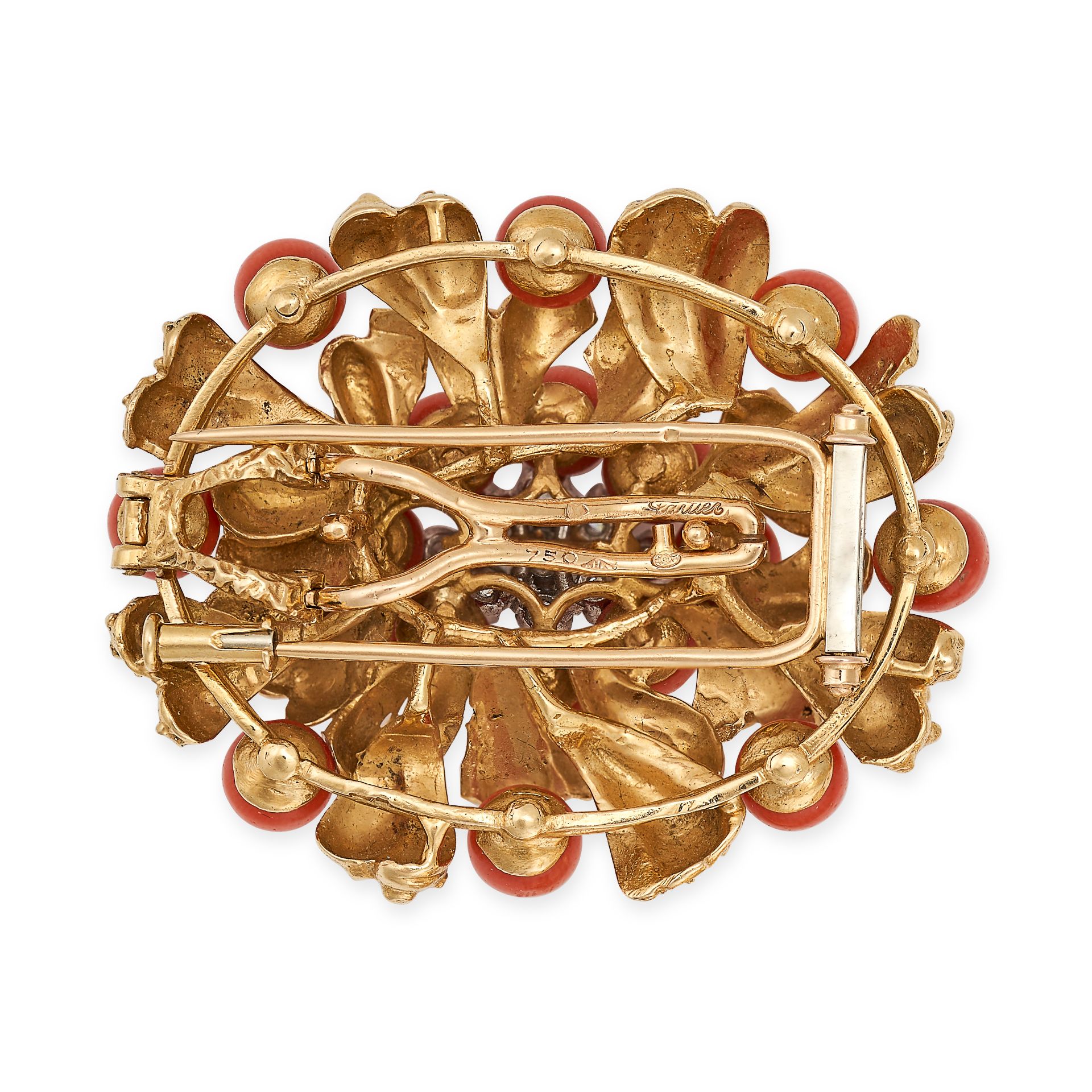 CARTIER, A VINTAGE CORAL AND DIAMOND BROOCH / PENDANT in 18ct yellow gold, set with a cluster of - Image 2 of 2