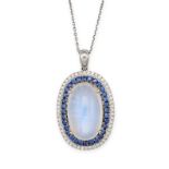 A RAINBOW MOONSTONE, SAPPHIRE AND DIAMOND PENDANT NECKLACE in 18ct white gold, the pendant