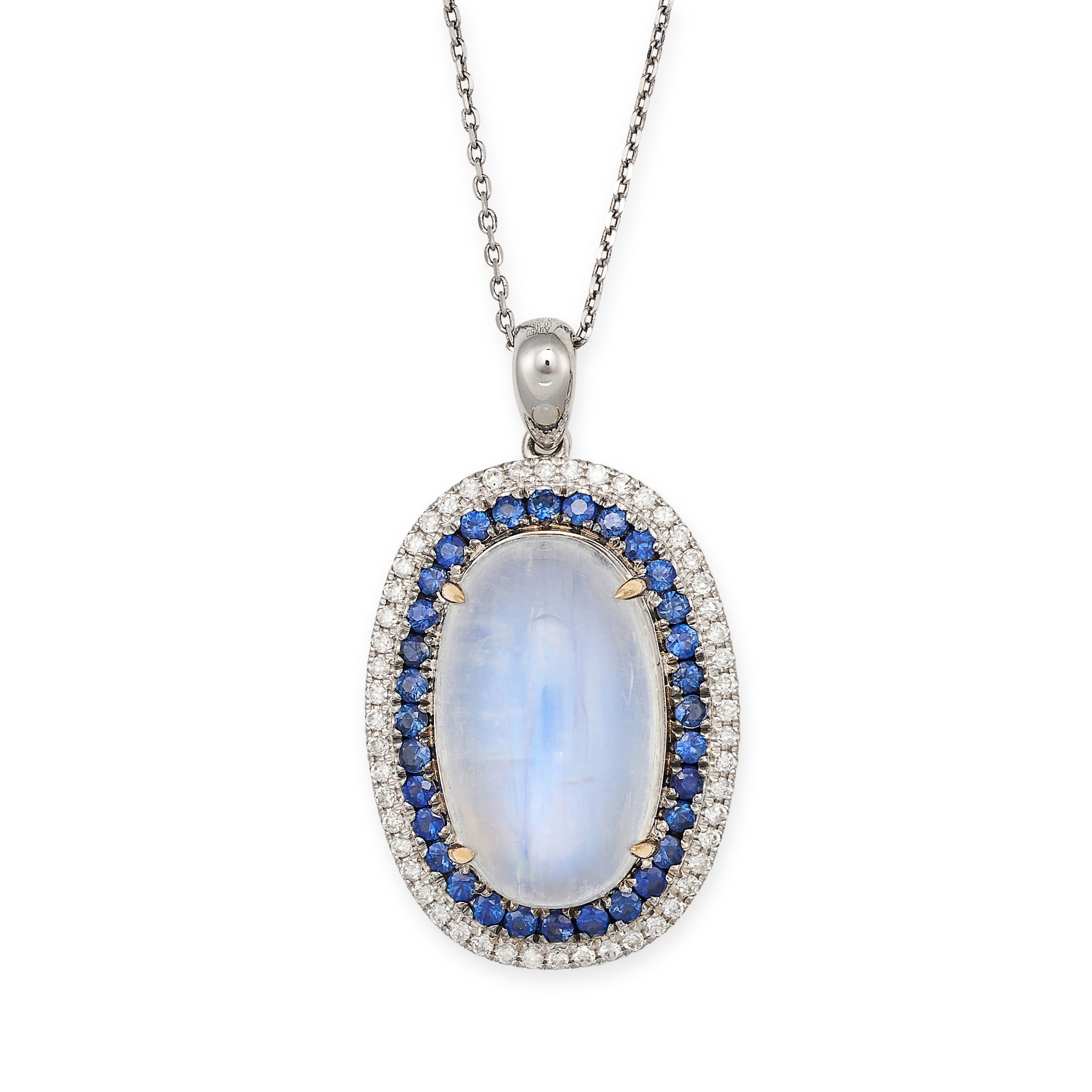 A RAINBOW MOONSTONE, SAPPHIRE AND DIAMOND PENDANT NECKLACE in 18ct white gold, the pendant