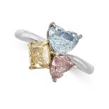 A BLUE, PINK AND YELLOW DIAMOND DRESS RING in 18ct white gold, set with a heart shaped blue