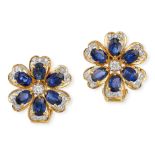 A PAIR OF SAPPHIRE AND DIAMOND FLOWER EARRINGS in 18ct yellow gold, each designed as the head of a