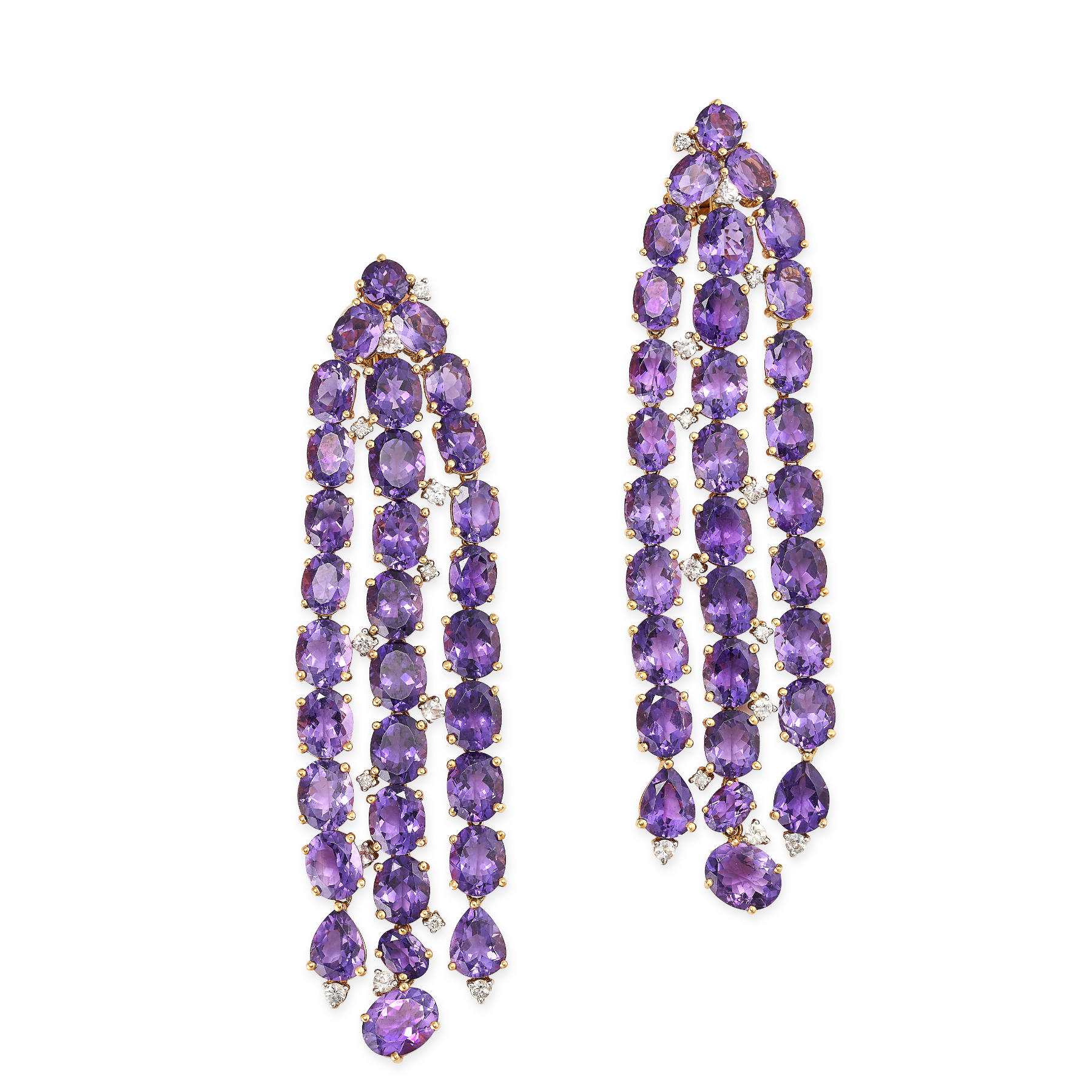 A PAIR OF AMETHYST AND WHITE SAPPHIRE DROP EARRINGS in 18ct yellow gold, each set with three rows of