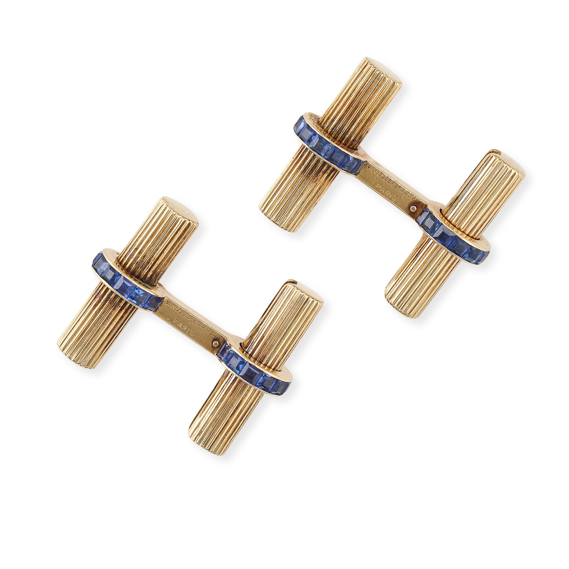 VAN CLEEF AND ARPELS, A PAIR OF VINTAGE SAPPHIRE CUFFLINKS in 18ct yellow gold, each comprising - Image 2 of 2