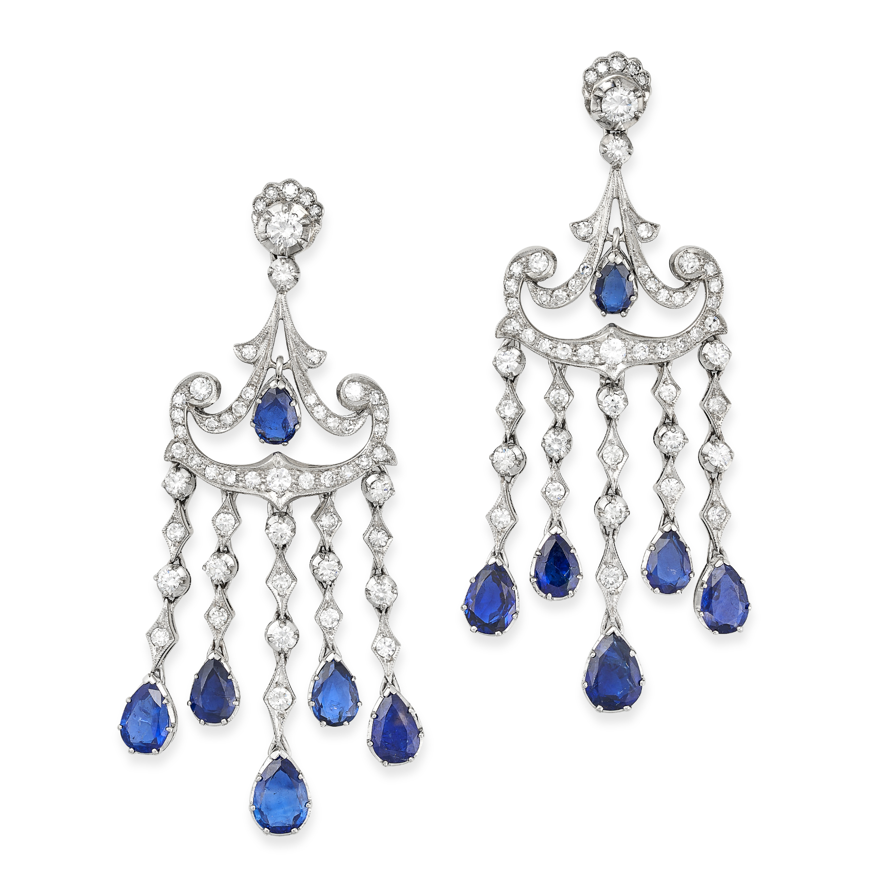 A PAIR OF BURMA NO HEAT SAPPHIRE AND DIAMOND CHANDELIER EARRINGS in 18ct white gold, each earring in