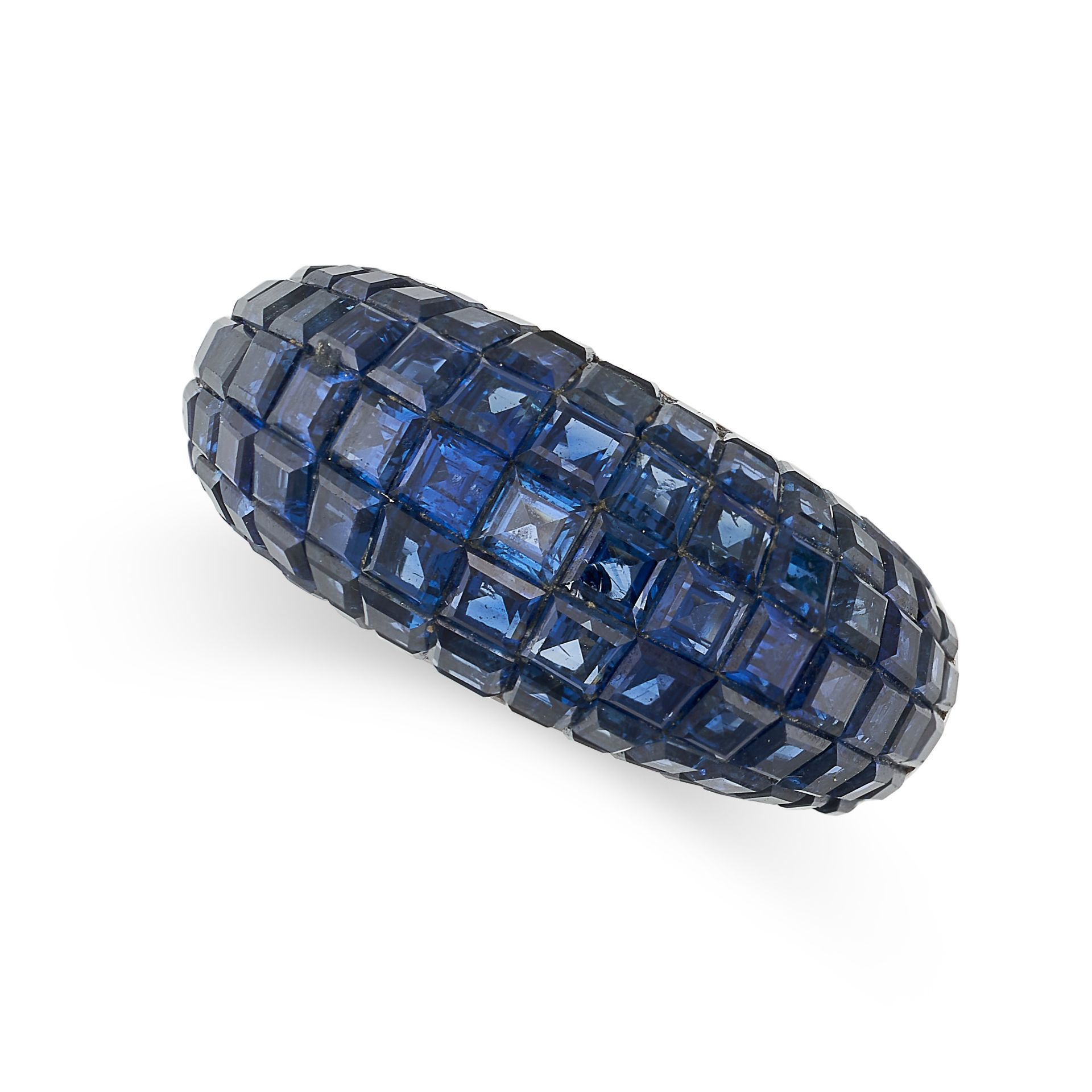 A FINE INVISIBLY SET SAPPHIRE BOMBE RING in 18ct white gold, the domed face set with rows of