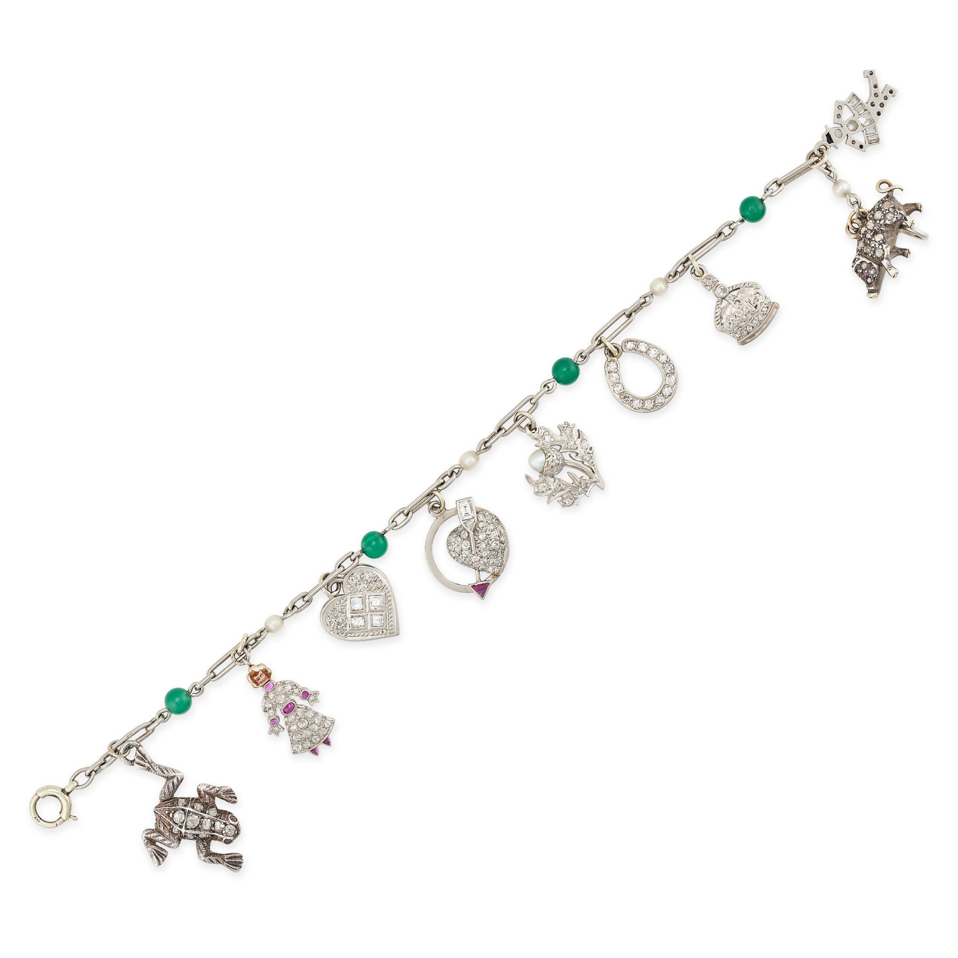 AN EMERALD, PEARL, DIAMOND AND RUBY CHARM BRACELET in white gold, comprising a fancy link chain