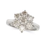 A DIAMOND CLUSTER RING in 18ct white gold, set with a cluster of round brilliant cut diamonds, the