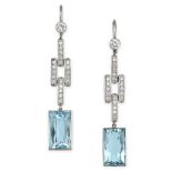 A PAIR OF AQUAMARINE AND DIAMOND DROP EARRINGS in white gold, each set with a round brilliant cut