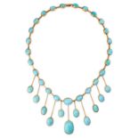 A TURQUOISE FRINGE NECKLACE in 18ct yellow gold, set with a row of cabochon turquoise suspending a