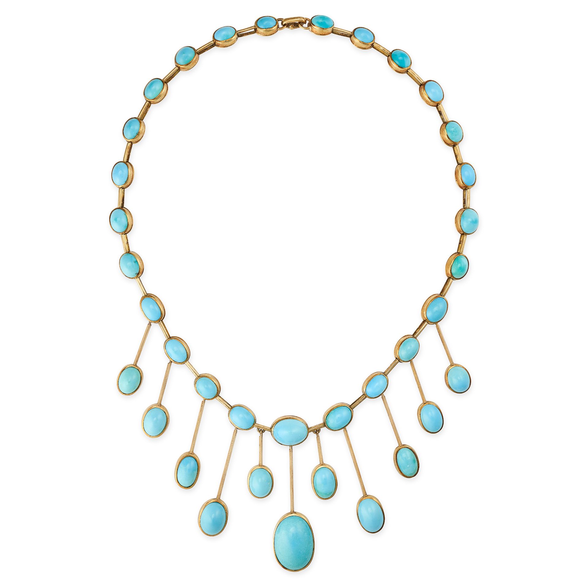 A TURQUOISE FRINGE NECKLACE in 18ct yellow gold, set with a row of cabochon turquoise suspending a