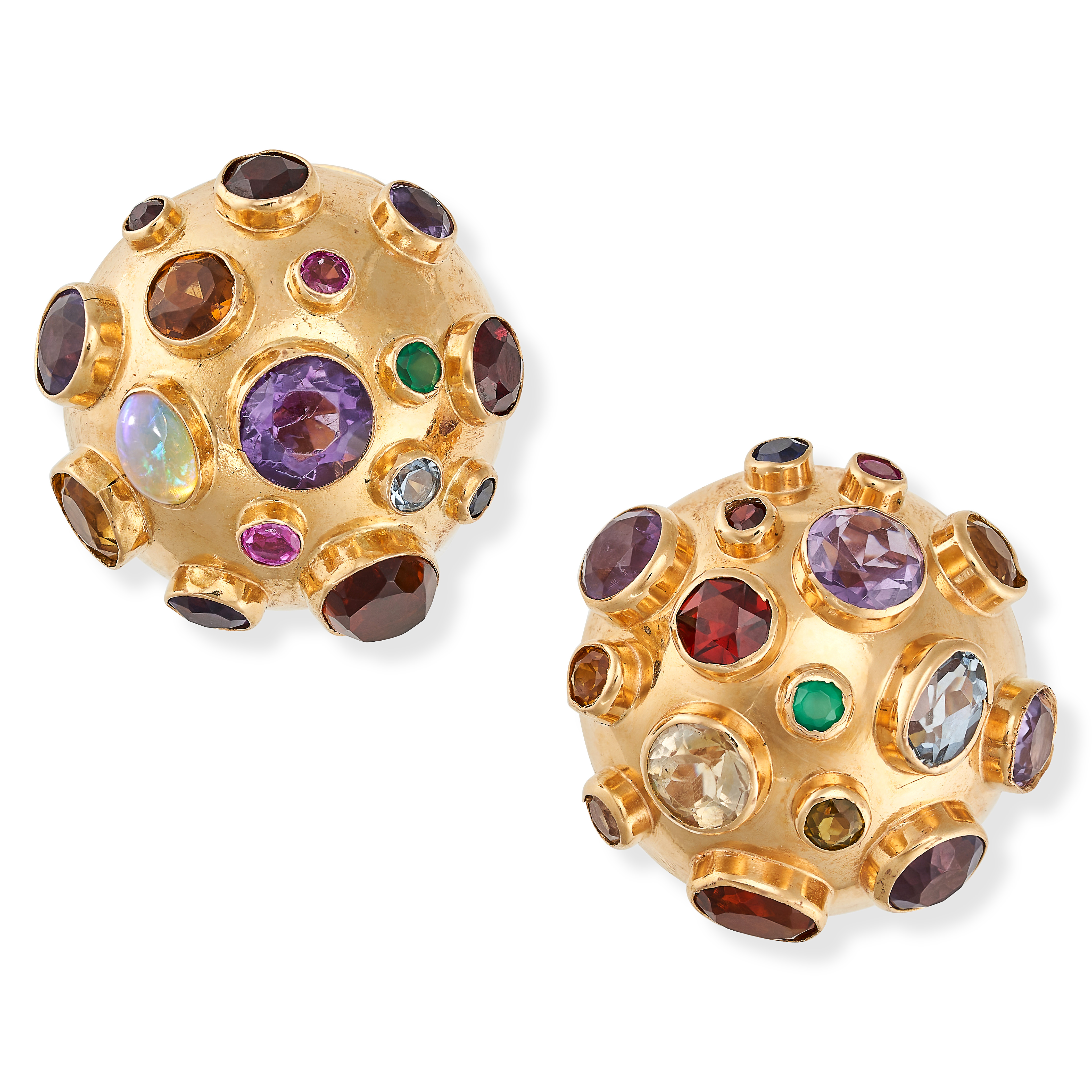 A PAIR OF GEMSET SPUTNIK CLIP EARRINGS in 18ct yellow gold, the domed bodies set with round cut