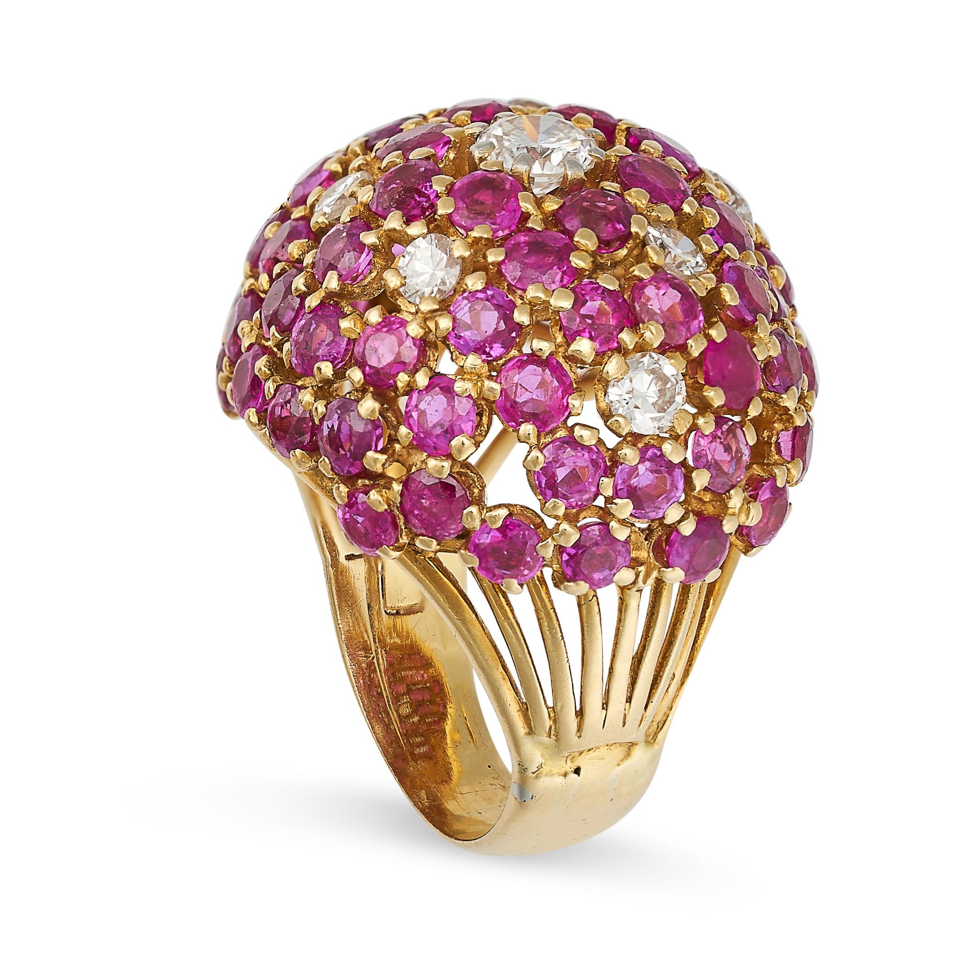 A RUBY AND DIAMOND BOMBE RING in yellow gold, the bombe face set with round cut rubies and round - Image 2 of 2