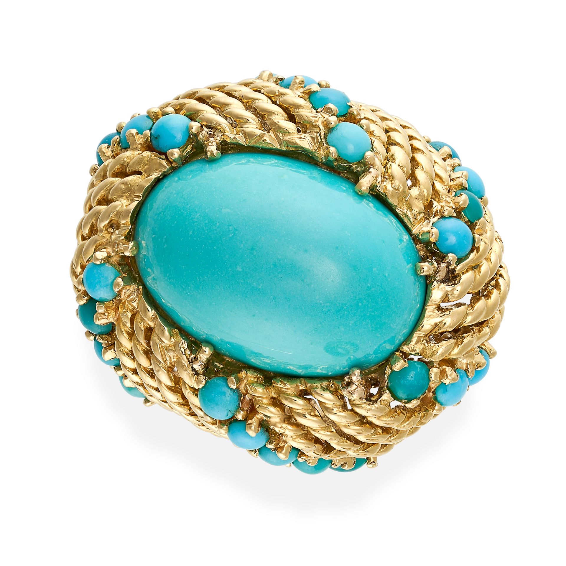 A VINTAGE TURQUOISE DRESS RING in 18ct yellow gold, set with a cabochon turquoise on a ground of