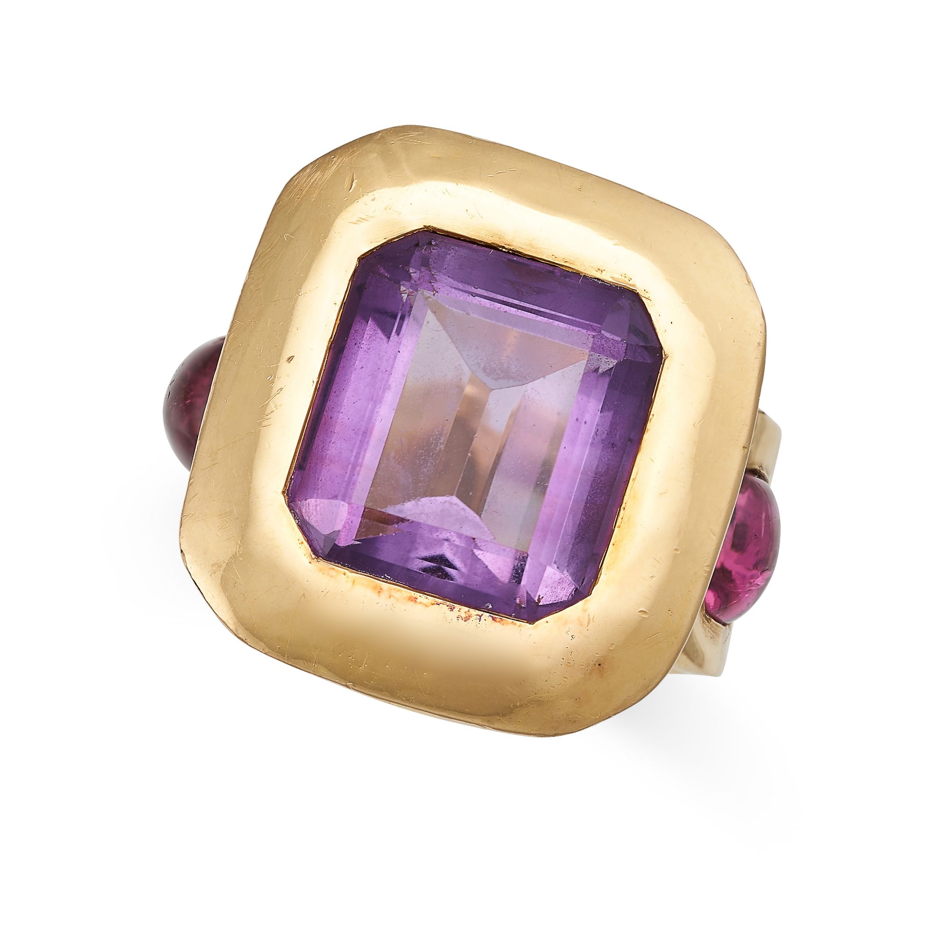 A FRENCH AMETHYST, AQUAMARINE AND PINK TOURMALINE COCKTAIL RING in 18ct yellow gold, set with a - Image 2 of 2