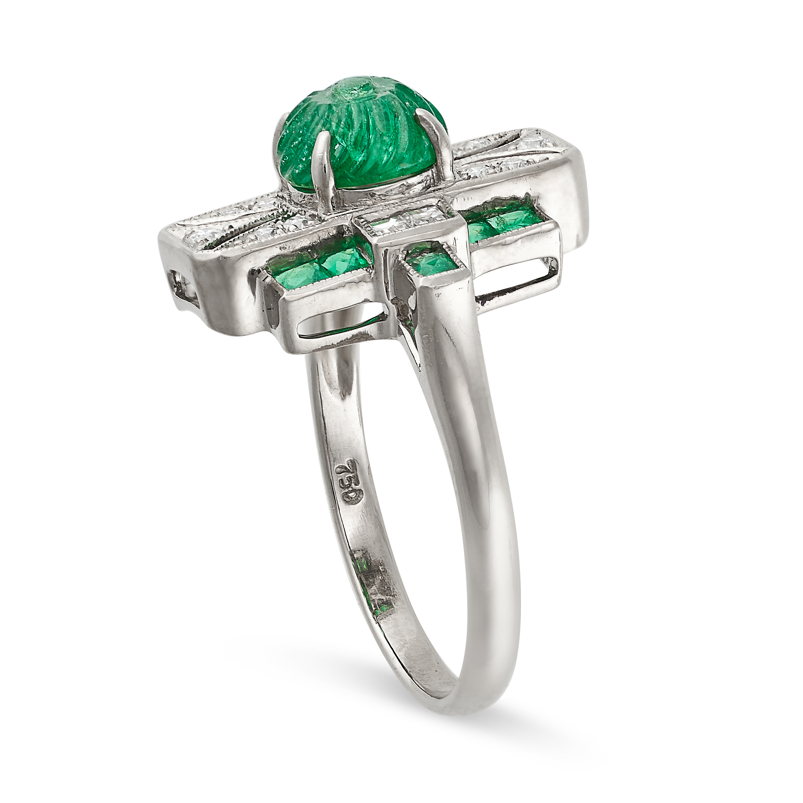 A CARVED EMERALD AND DIAMOND DRESS RING in 18ct white gold, set with a carved cabochon emerald of - Image 2 of 2