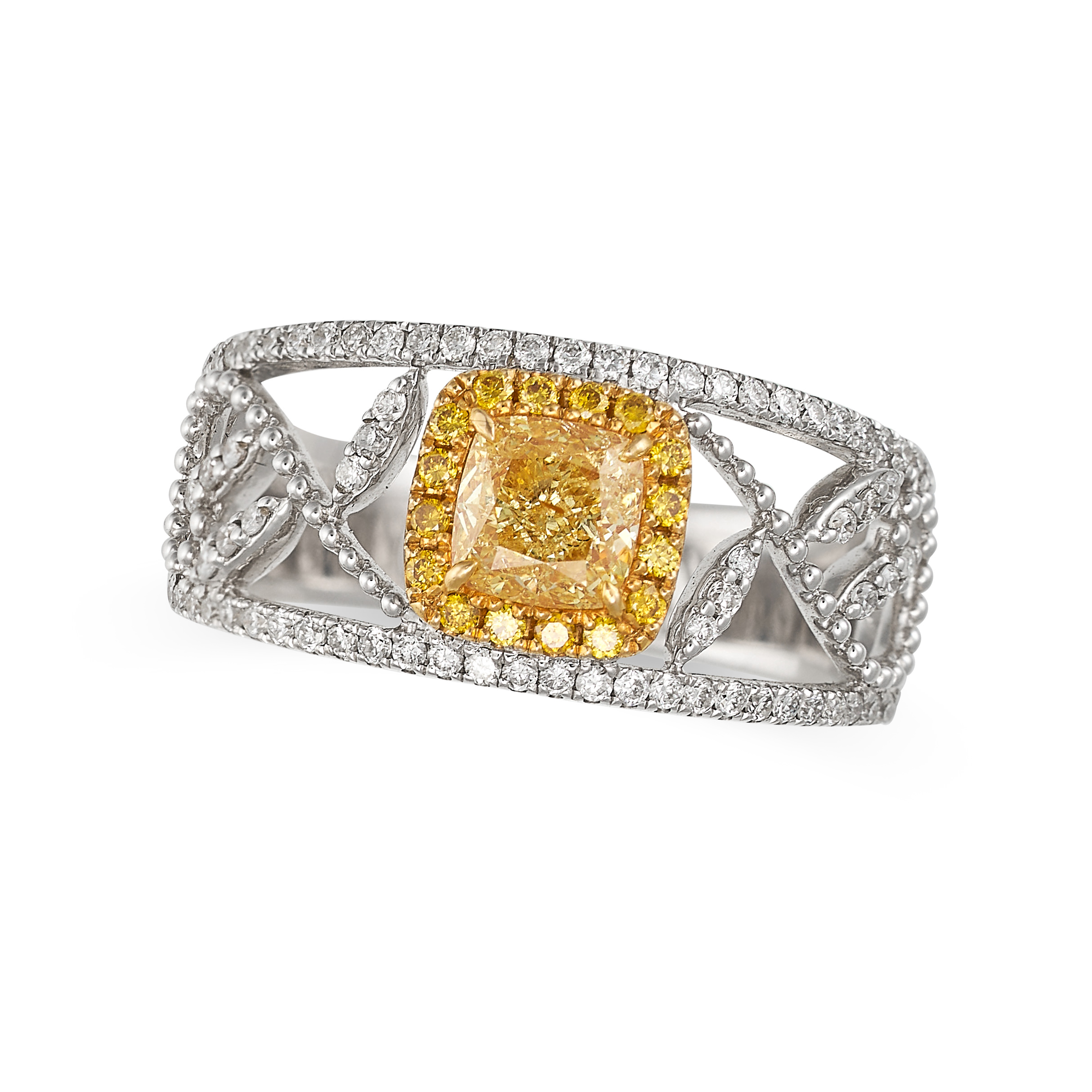 A NATURAL FANCY YELLOW DIAMOND DRESS RING in 18ct white gold, set with a cushion cut yellow