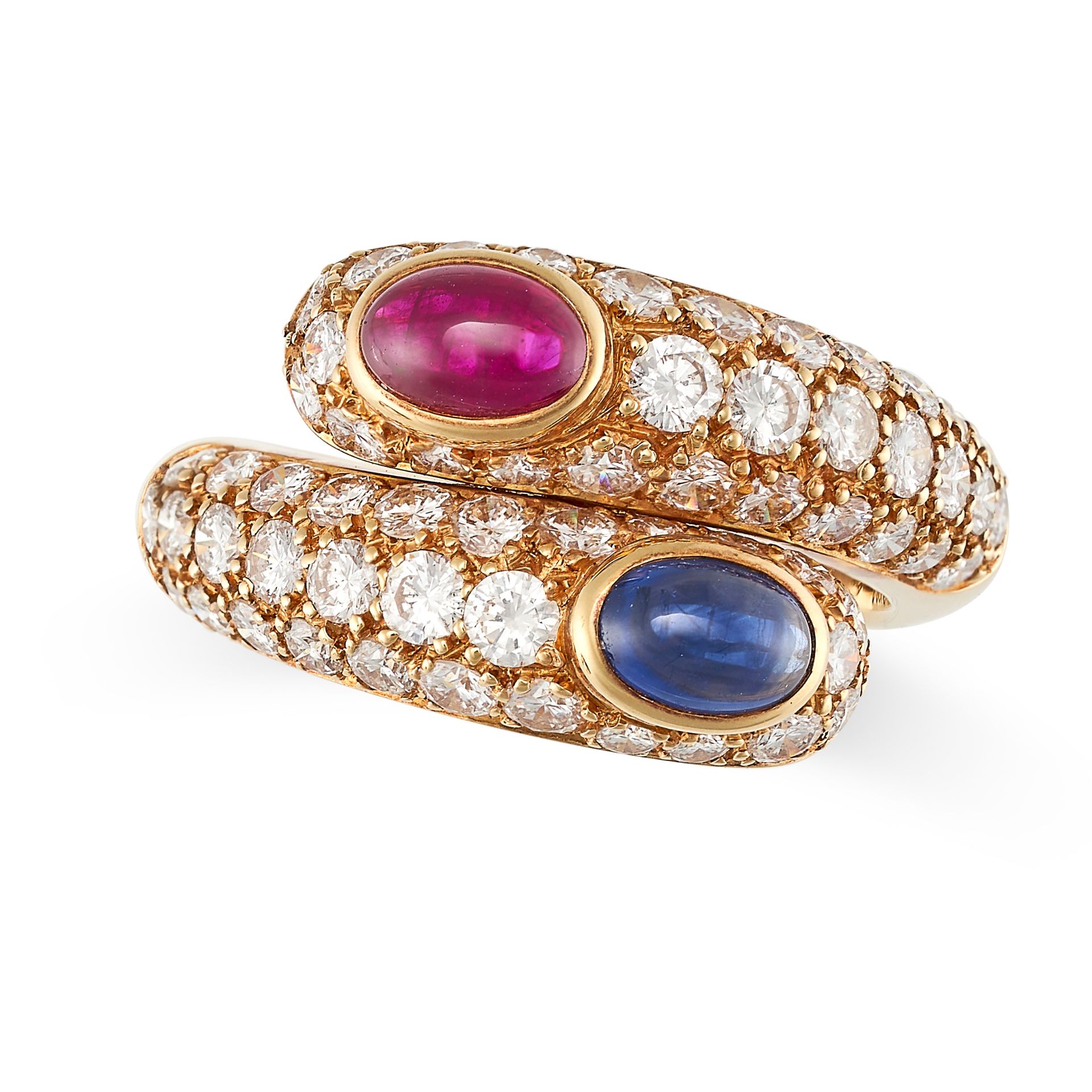 CARTIER, A SAPPHIRE, RUBY AND DIAMOND CROSSOVER RING, 1994 in 18ct yellow gold, the crossover band