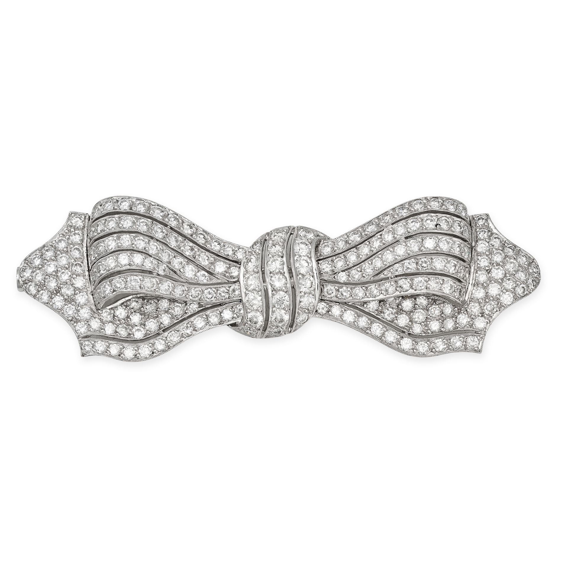 A DIAMOND BOW BROOCH designed as a ribbon tied into a bow set throughout with round brilliant cut