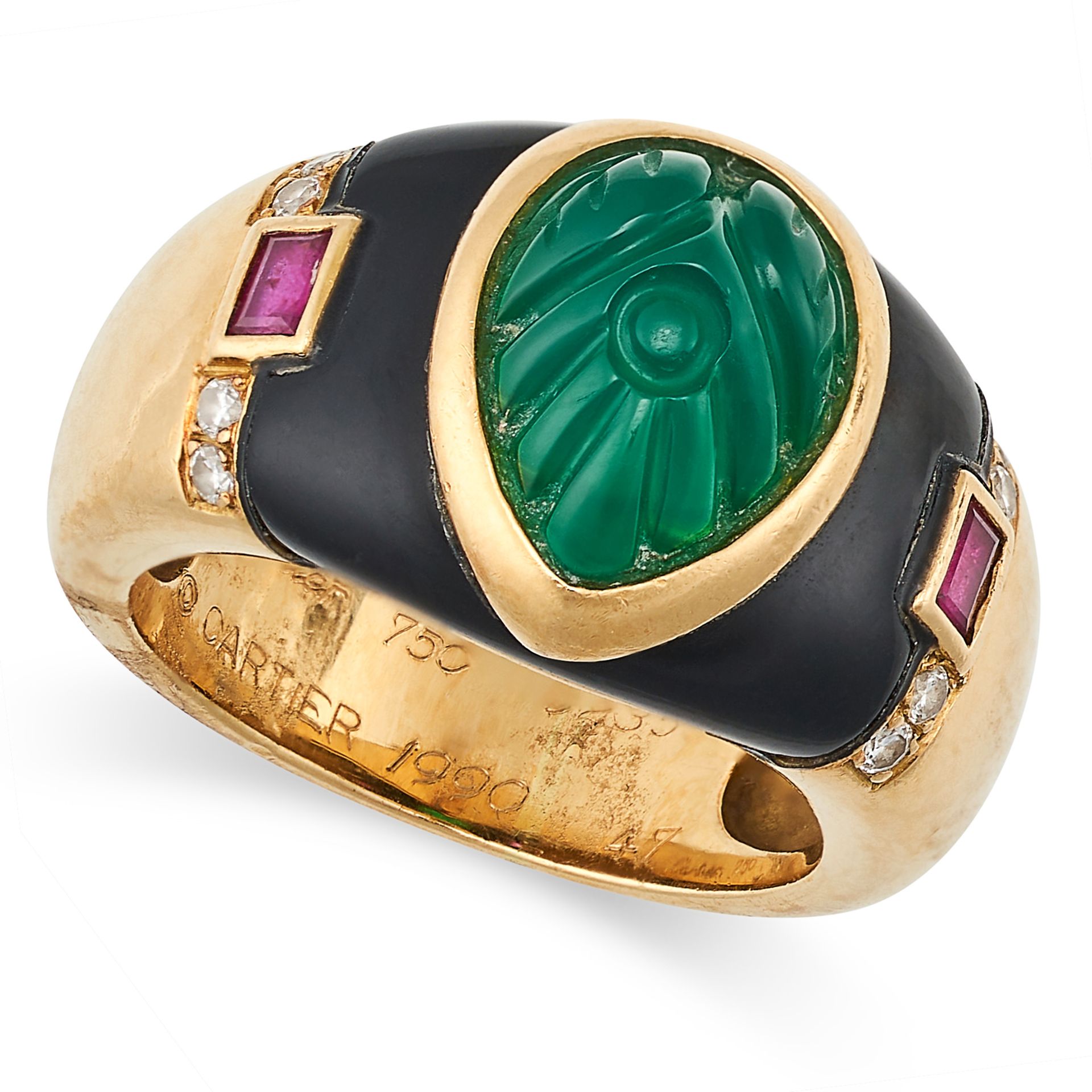 CARTIER, A VINTAGE CHRYSOPRASE, ONYX, RUBY AND DIAMOND DRESS RING in 18ct yellow gold, set with a