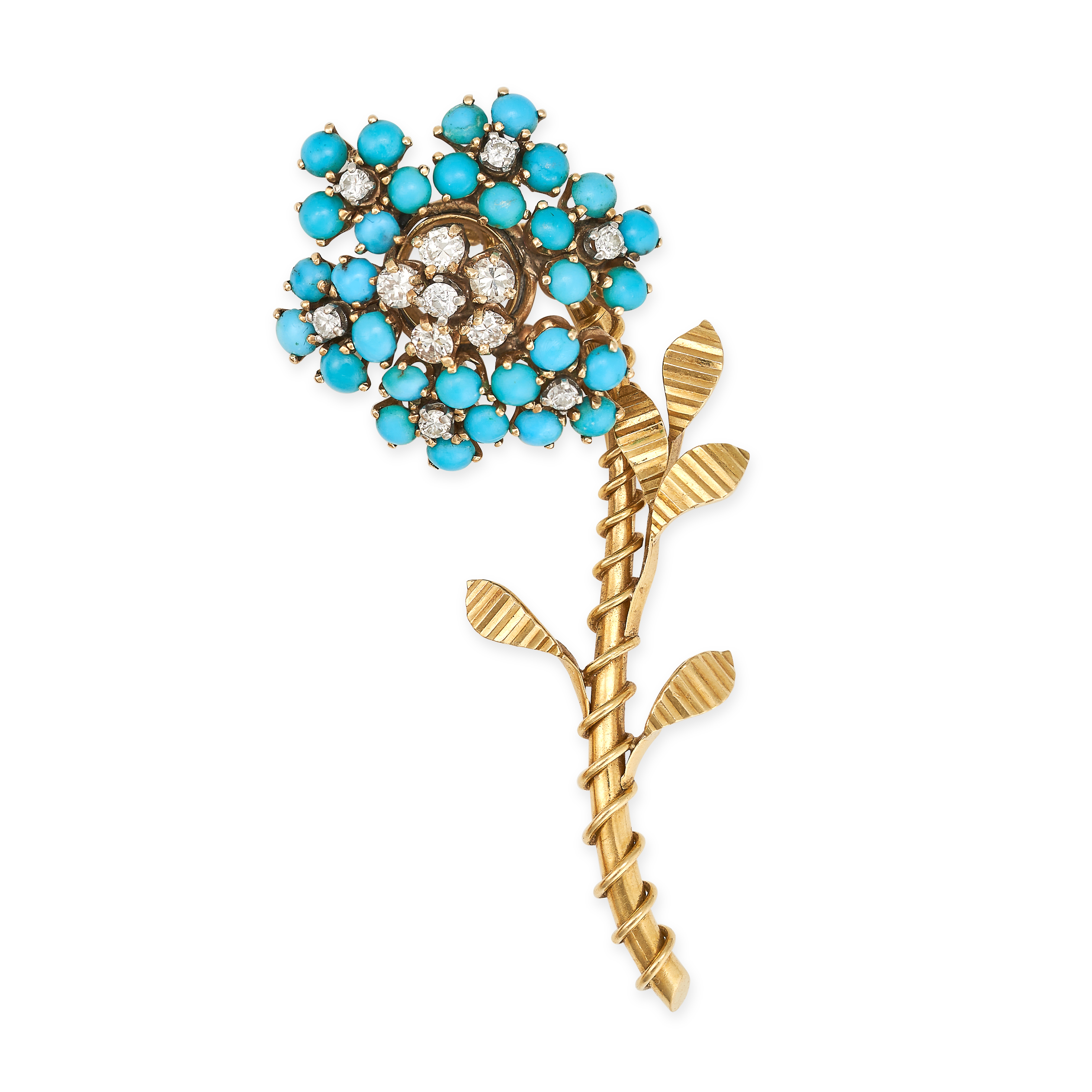 VAN CLEEF & ARPELS, A VINTAGE TURQUOISE AND DIAMOND FLOWER BROOCH in 14ct yellow gold, the head of
