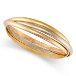 CARTIER, A TRINITY BANGLE in 18ct yellow, rose, and white gold, modelled as three interlocking