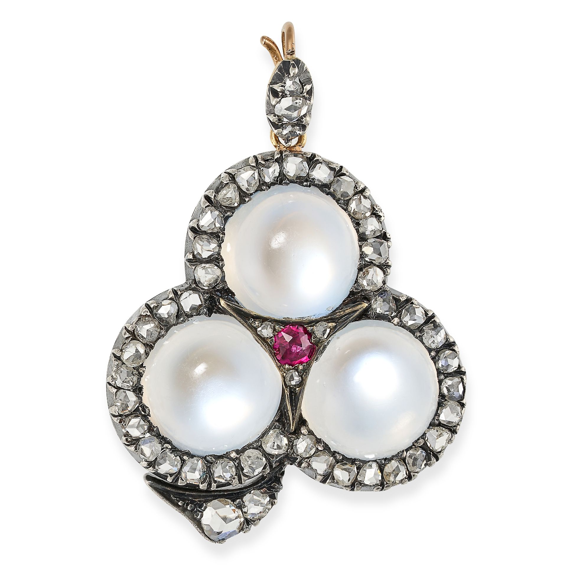 AN ANTIQUE VICTORIAN MOONSTONE, RUBY, AND DIAMOND CLOVER PENDANT in yellow gold and silver, set with