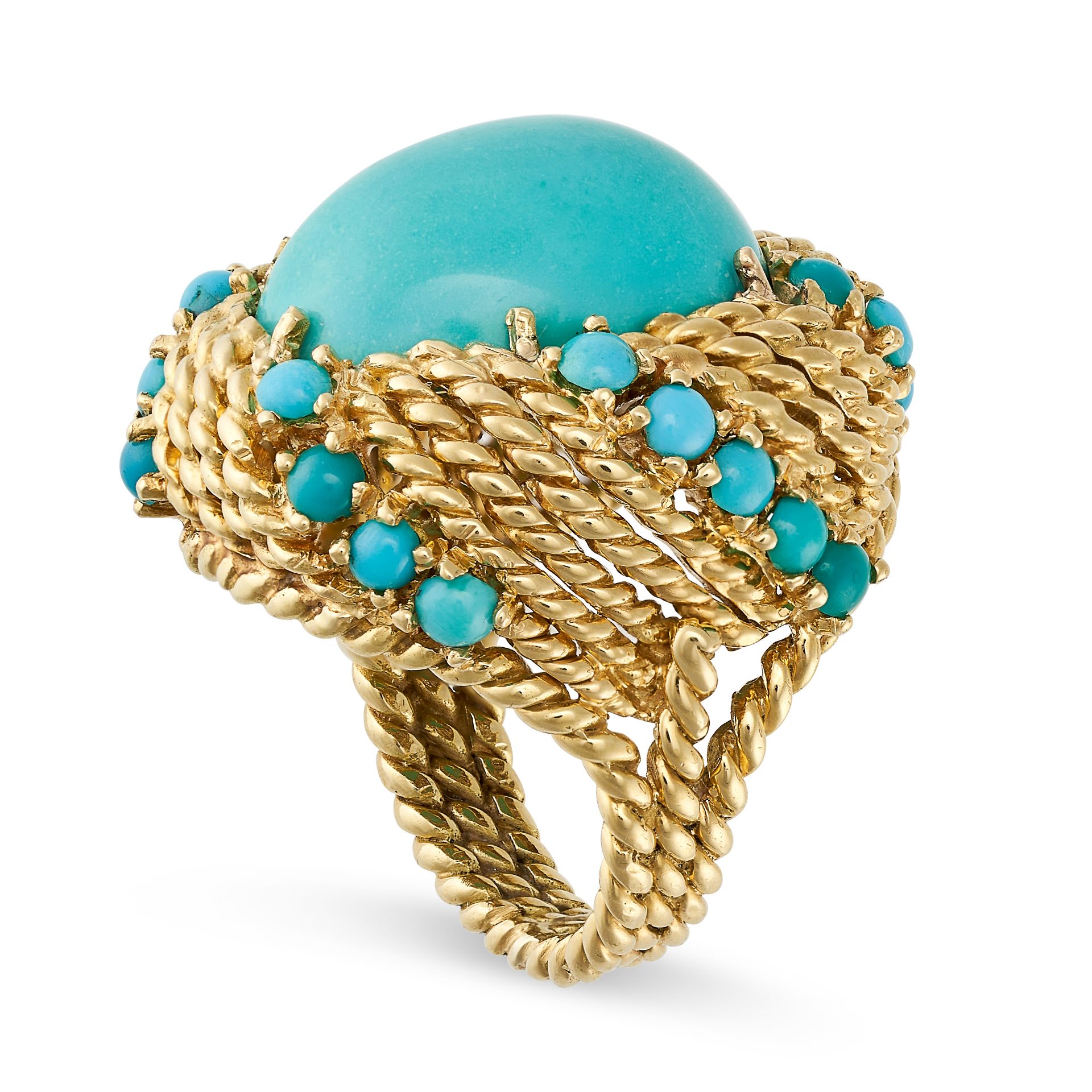 A VINTAGE TURQUOISE DRESS RING in 18ct yellow gold, set with a cabochon turquoise on a ground of - Image 2 of 2