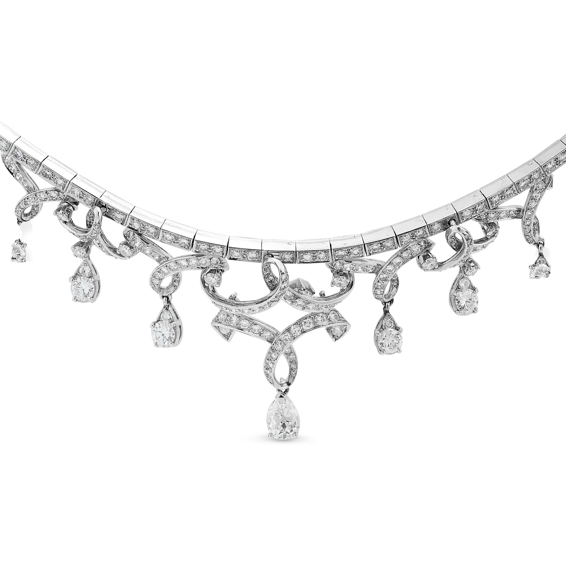 A FRENCH DIAMOND NECKLACE in 18ct white gold, in scrolling design set throughout with round - Image 2 of 2