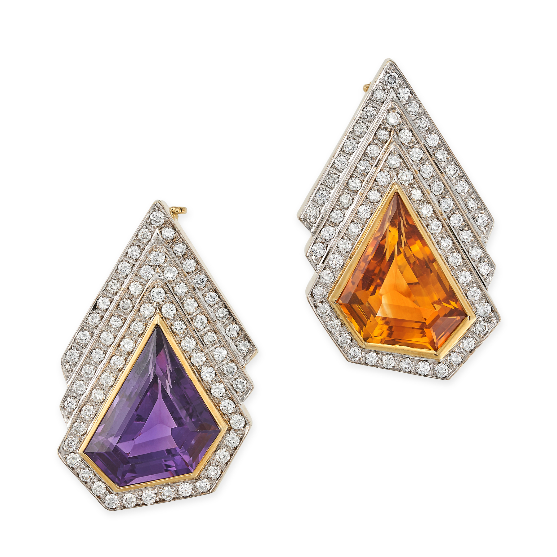 A PAIR OF AMETHYST, CITRINE AND DIAMOND BROOCHES in yellow gold, each in abstract shield design,