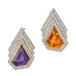 A PAIR OF AMETHYST, CITRINE AND DIAMOND BROOCHES in yellow gold, each in abstract shield design,