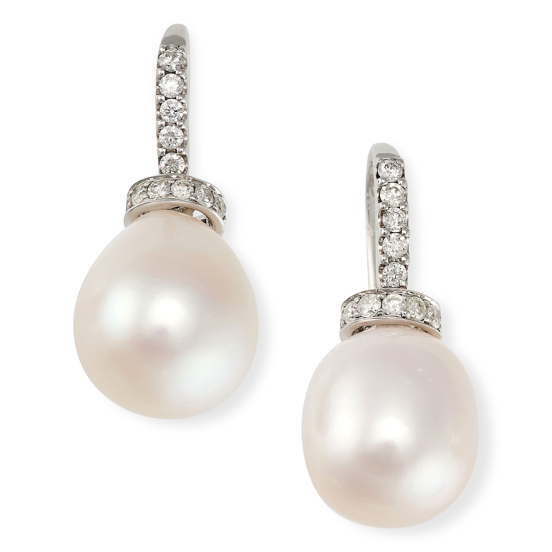 A PAIR OF PEARL AND DIAMOND DROP EARRINGS in white gold, set with a row of round brilliant cut