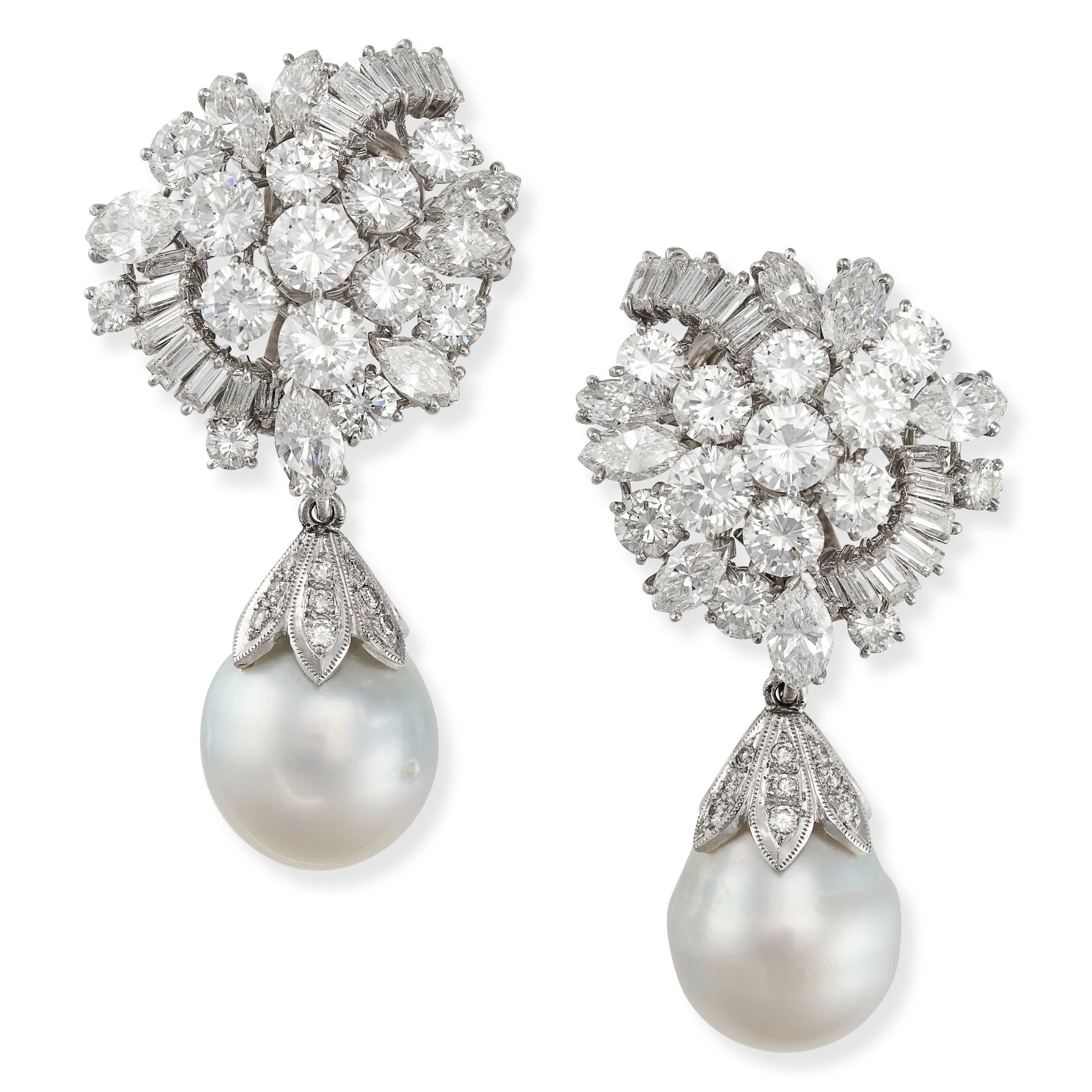 A PAIR OF PEARL AND DIAMOND DAY AND NIGHT EARRINGS in 18ct white gold, each set with a cluster of