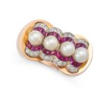 A RETRO PEARL, RUBY AND DIAMOND DRESS RING in rose and white gold, set with four pearls accented