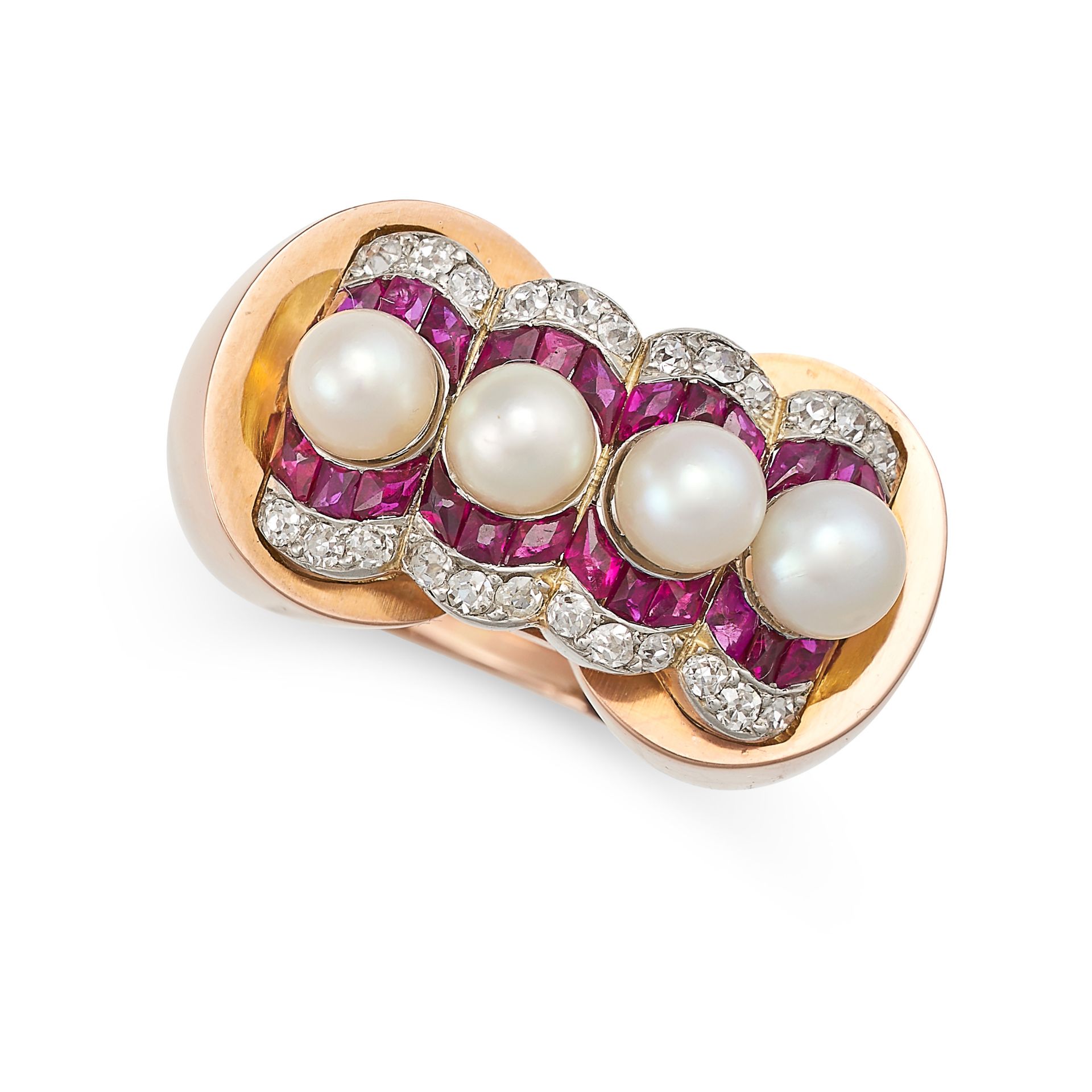A RETRO PEARL, RUBY AND DIAMOND DRESS RING in rose and white gold, set with four pearls accented