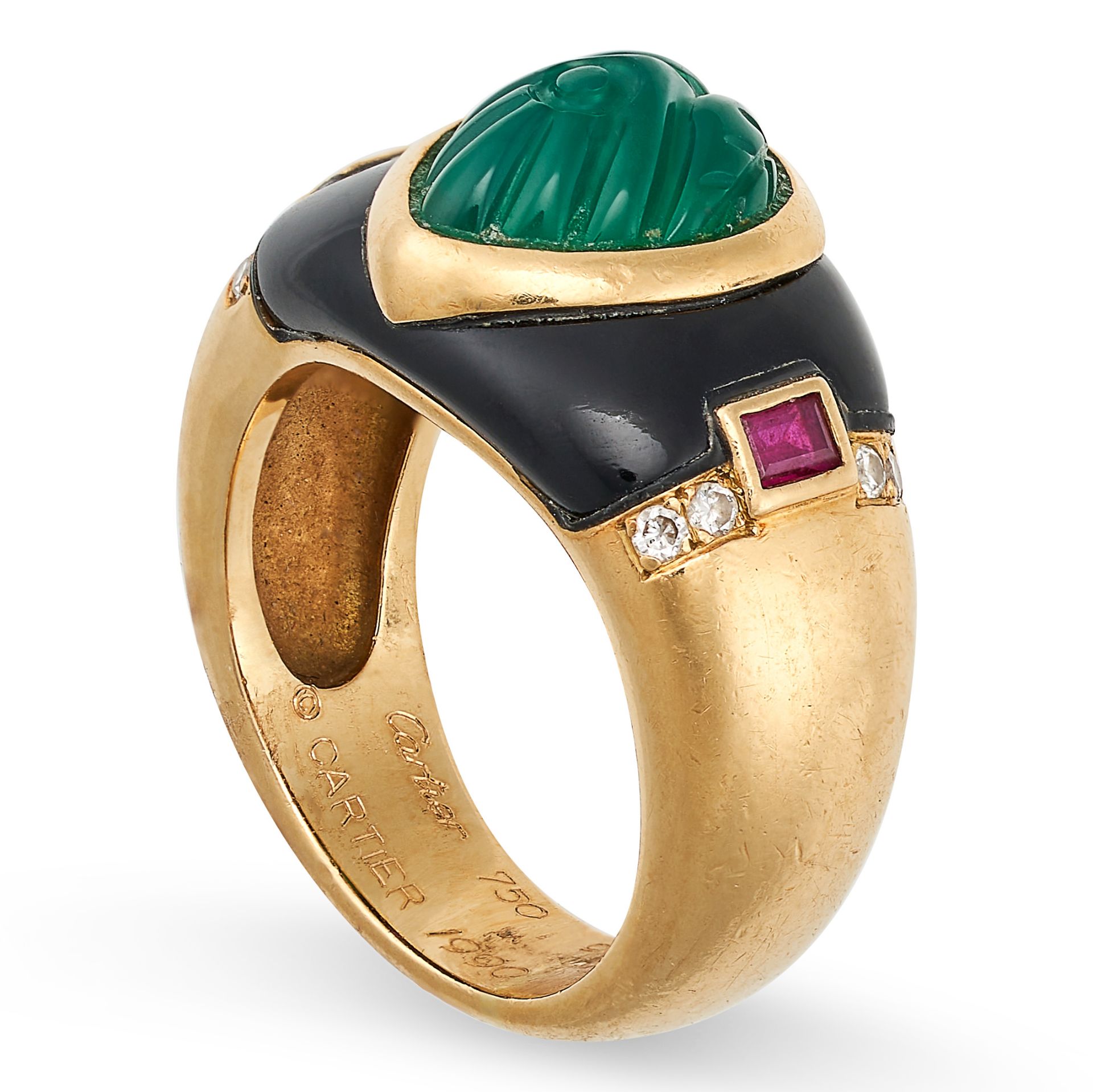 CARTIER, A VINTAGE CHRYSOPRASE, ONYX, RUBY AND DIAMOND DRESS RING in 18ct yellow gold, set with a - Image 2 of 2